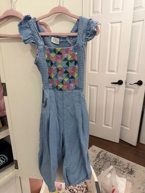 Light Blue Denim Girls' Jumpsuit with Multicolor Embroidery